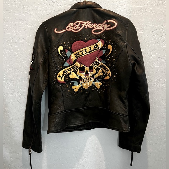 Vintage Ed Hardy Genuine Biker Leather Jacket. Christian Audigier. Size Small. - Picture 2 of 8